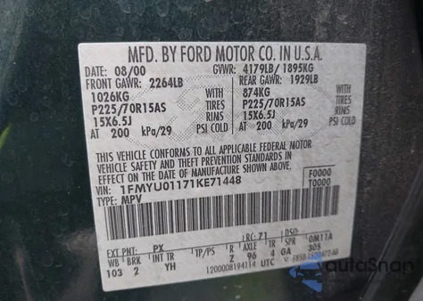 2001 Ford Escape Xls from USA, damaged, VIN 1FMYU01171KE71448